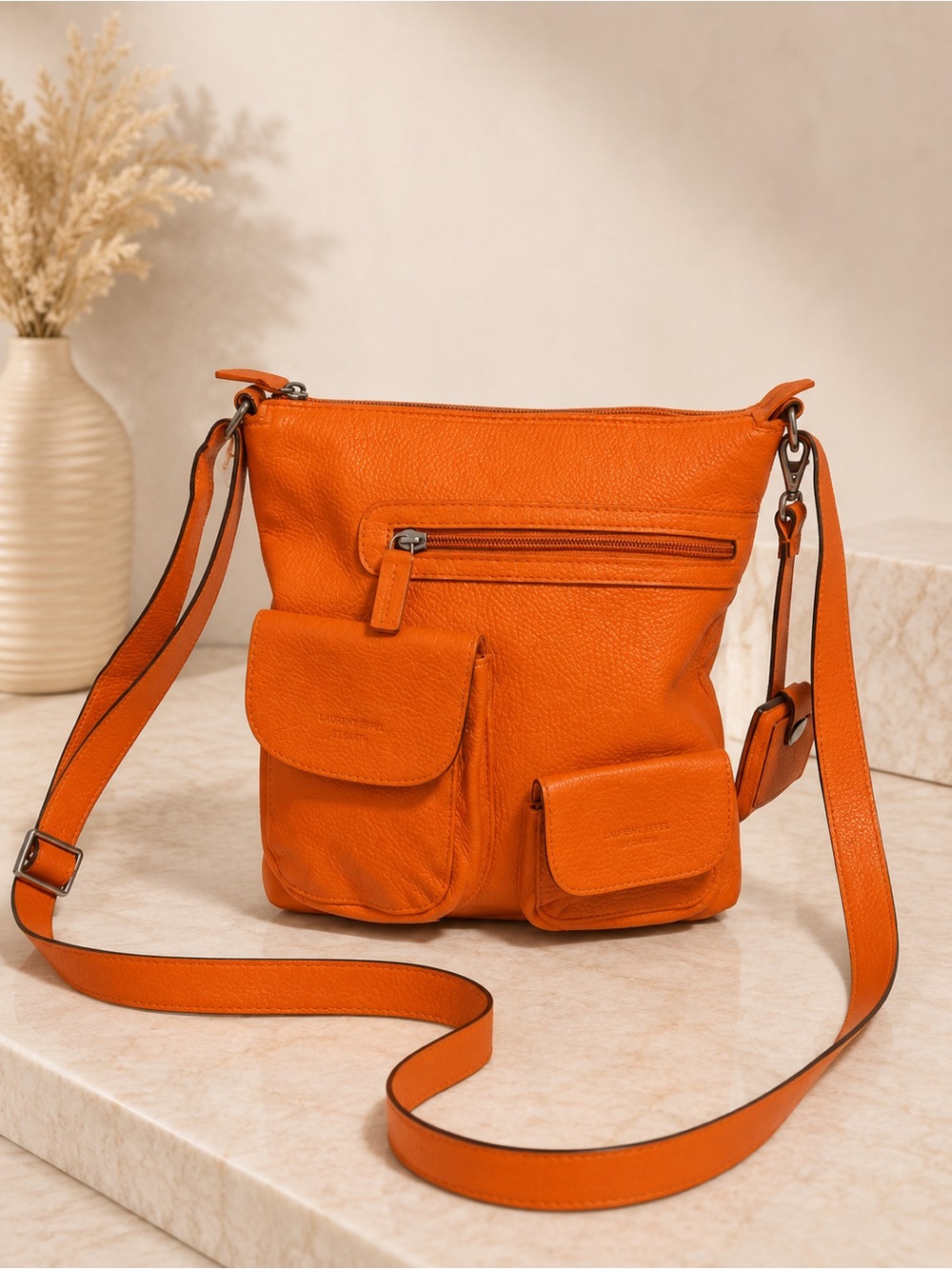 Laurent Effel St Barth Orange Leather shoulder bag pebble leather crossbody